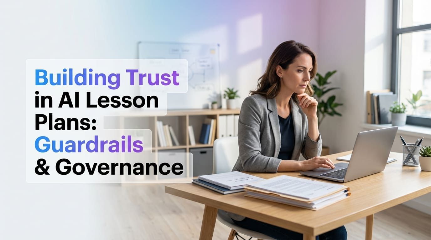 Digital infographic showing secure AI lesson planning integration with compliance guardrails - CrazyGoldFish AI-powered educational assessment platform