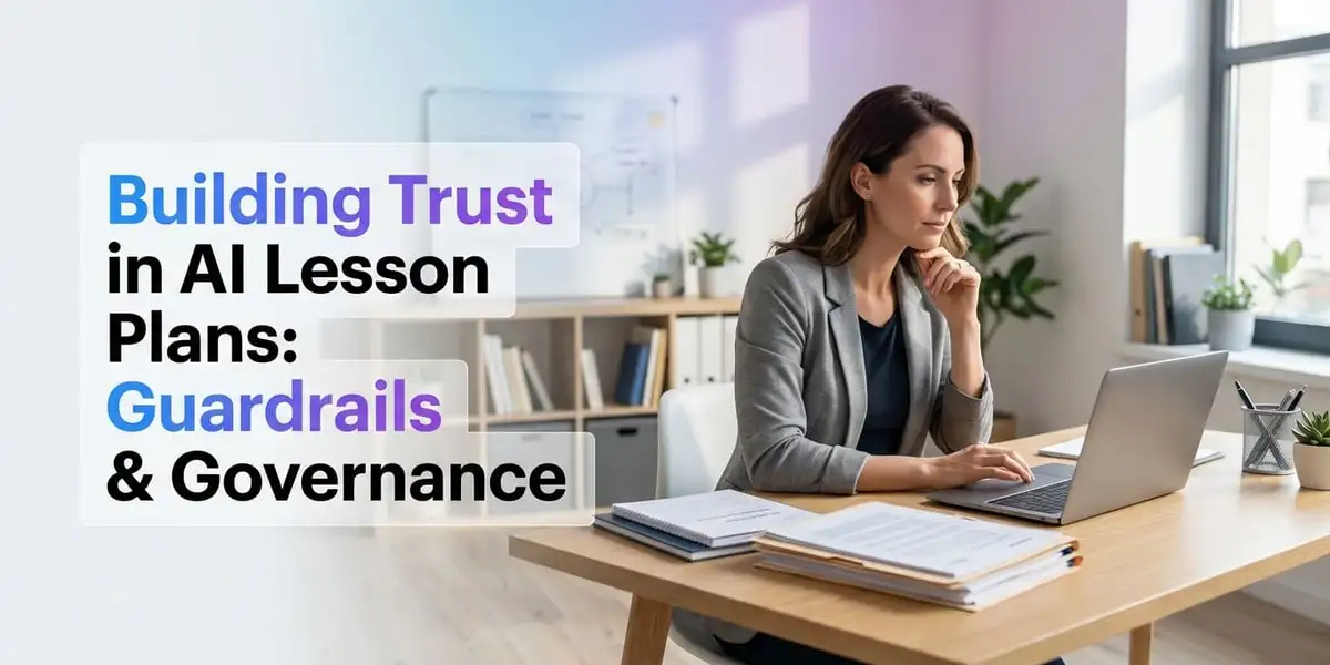 Digital infographic showing secure AI lesson planning integration with compliance guardrails - CrazyGoldFish AI-powered educational assessment platform
