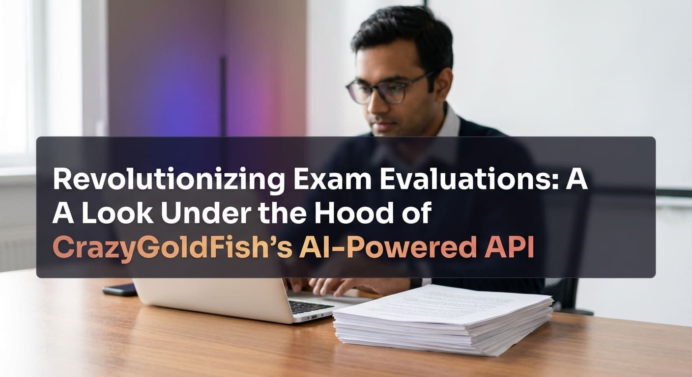 Infographic showing CrazyGoldFish’s AI-powered evaluation workflow, with connected stages: exam creation, model answer setup, student answer upload, AI-based grading, result publishing, and feedback handling—emphasizing automation, consistency, and scale. - CrazyGoldFish AI-powered educational assessment platform