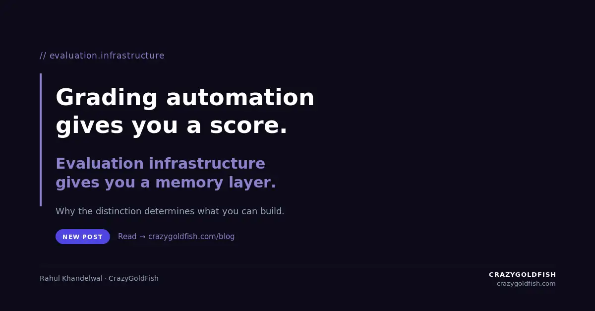 CrazyGoldFish blog: evaluation infrastructure vs grading automation, why the distinction determines what you can build